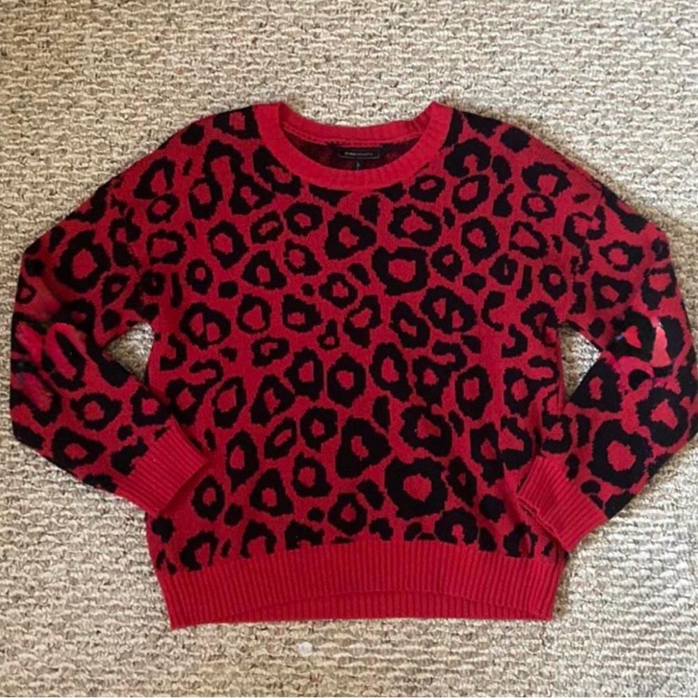 BCBGMaxAzria Red and Black Crew Neck Sweater with Leopard Print